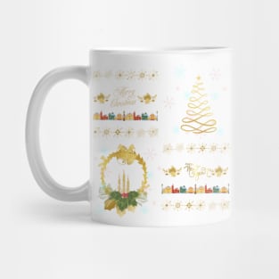 Merry Christmas Happy New Year Wreath, Snowflakes, Tree, Village, Lampposts, Bells Mug